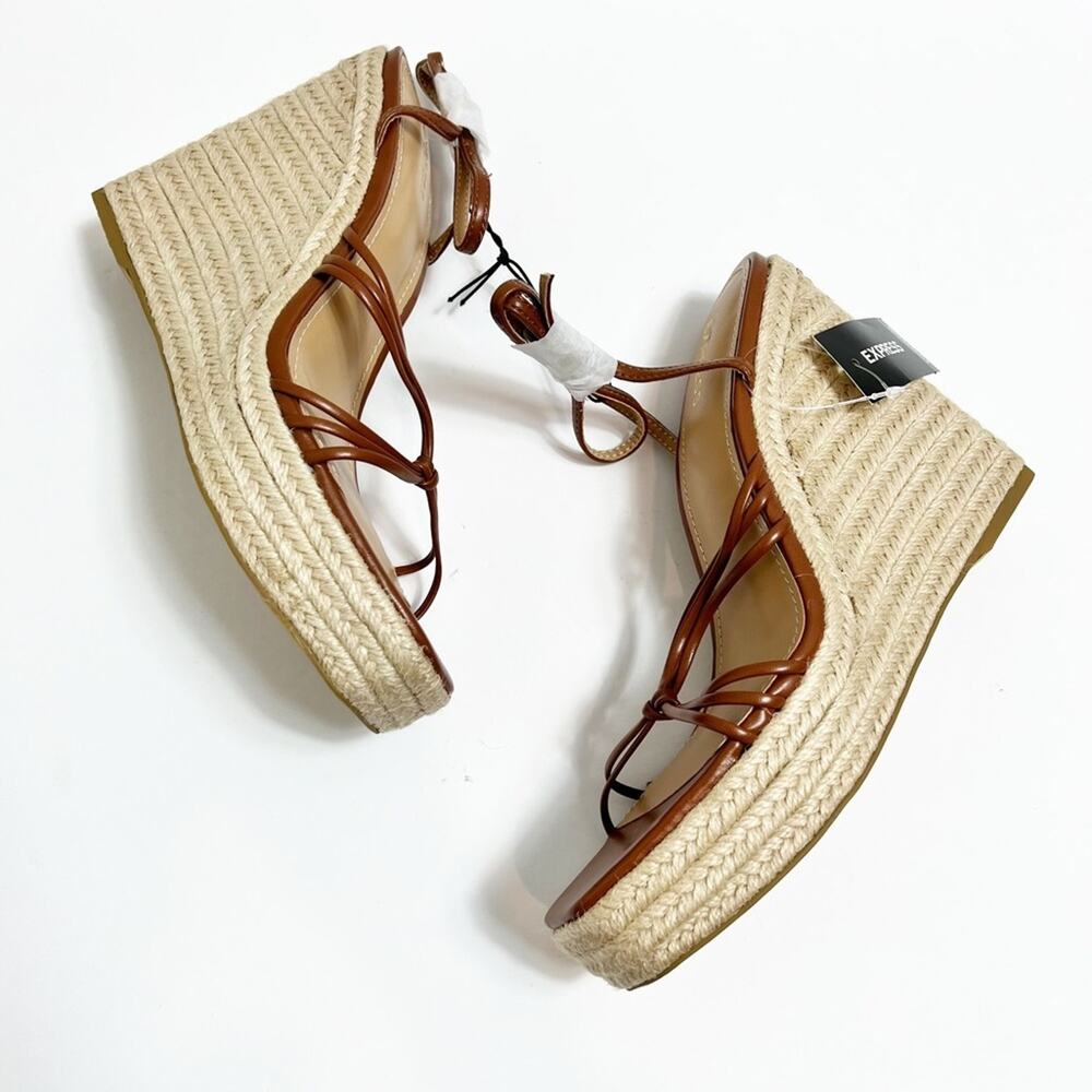 EXPRESS STRAPPY WEDGE SQUARE TOE WOMEN SANDALS COGNAC SIZE 9 BRAND NEW